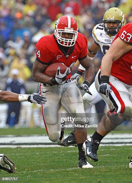 Running back Knowshon Moreno of the Georgia Bulldogs ran for 97 yards and a touchdown during the game against the Georgia Tech Yellow Jackets during...