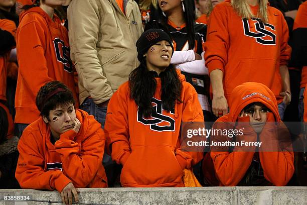 Oregon State Beaver fans show their dejection as they fall behind to of the Oregon Ducks at Reser Stadium on November 29, 2008 in Corvalis, Oregon.