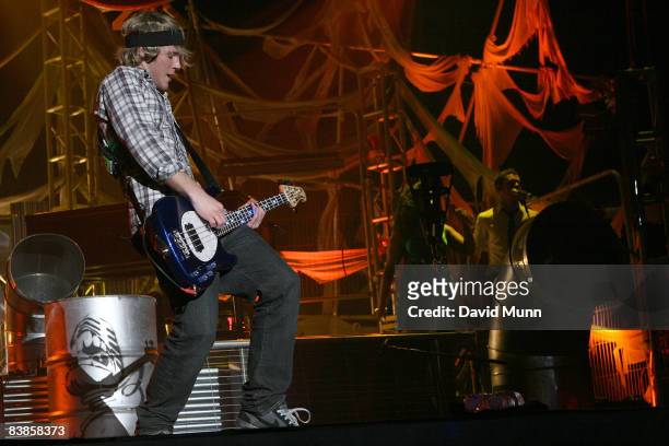 Dougie Poynter of McFly performs at the Liverpool Echo Arena on November 29, 2008 in Liverpool, England.