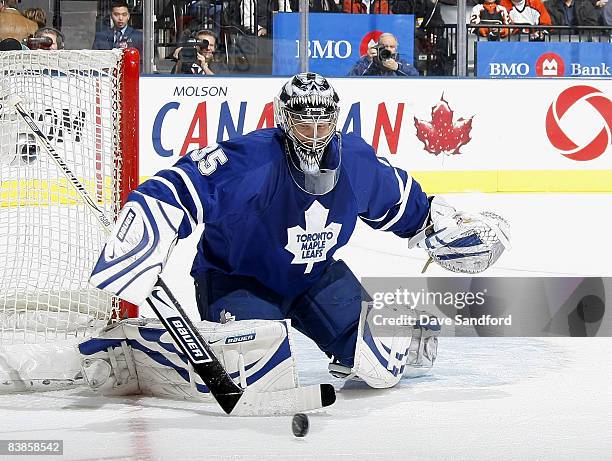 Vesa Toskala of the Toronto Maple Leafs makes a save against the Philadelphia Flyers during their NHL game at the Air Canada Centre November 29, 2008...