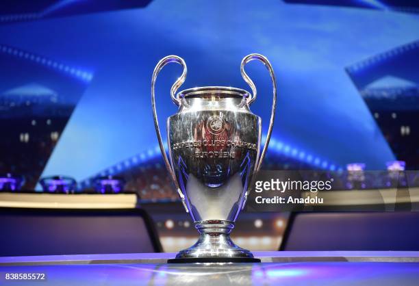 Champions League trophy is seen during the UEFA Champions League 2017-18 Group stage draw ceremony, at the Grimaldi Forum, Monte Carlo in Monaco, on...