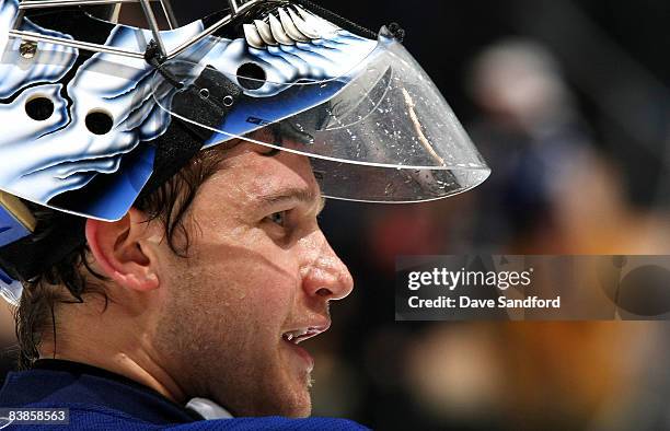 Vesa Toskala of the Toronto Maple Leafs faces the Philadelphia Flyers during their NHL game at the Air Canada Centre November 29, 2008 in Toronto,...