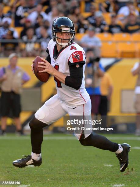 Quarterback Matt Simms of the Atlanta Falcons rolls out to pass in the third quarter of a preseason game on August 20, 2017 against the Pittsburgh...