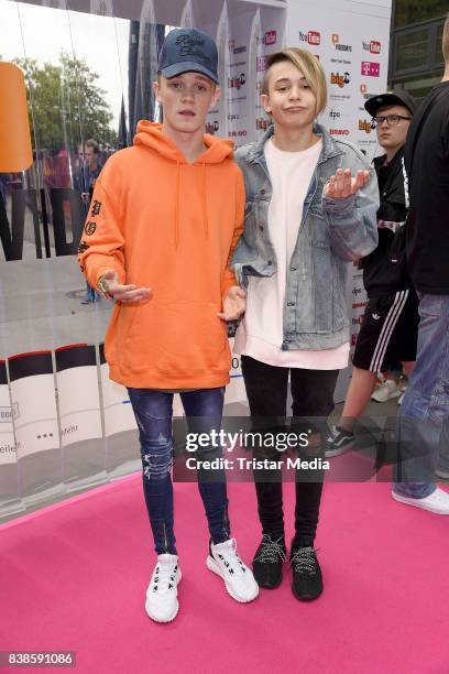 Leondre Devries, Charlie Lenehan of the duo Bars & Melody during the red carpet arrivals at the VideoDays 2017 at Lanxess Arena on August 24, 2017 in...