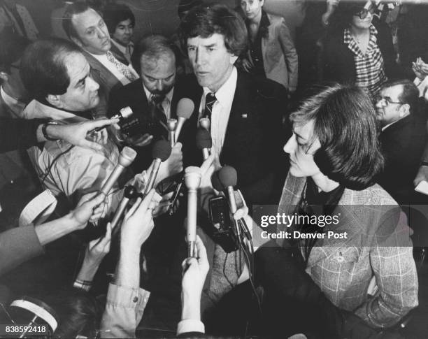 Sen. Gary Hart, D-Colo., left, and Rep. Pat Schroeder, D-Colo., Answer Questions at Stapleton Airport Their reaction to Friday's aborted attempt to...