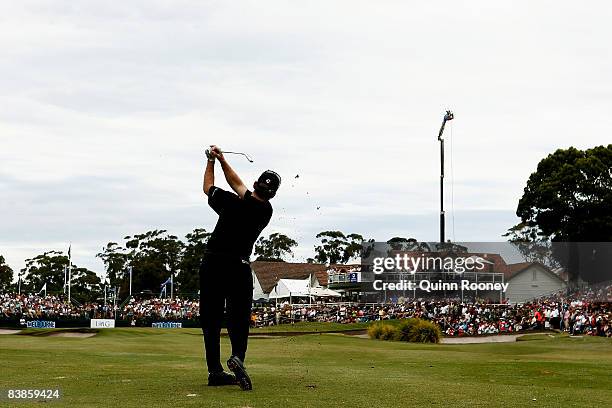 Rod Pampling of Australia plays his approach shot on the eighteenth hole during the fourth round of the 2008 Australian Masters at Huntingdale Golf...