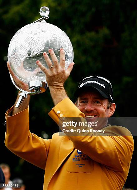 Rod Pampling of Australia raises the trophy after winning the 2008 Australian Masters at Huntingdale Golf Club on November 30, 2008 in Melbourne,...