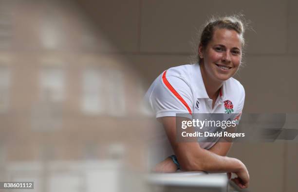 Amber Reed of England poses after the media conference held prior to saturdays Women's Rugby World Cup final at the Clayton Hotel on August 24, 2017...