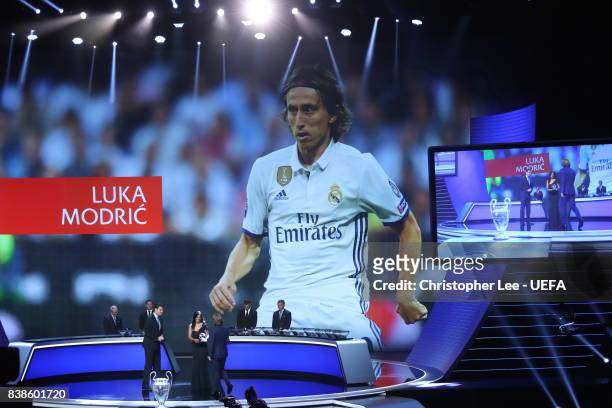 August 24: UEFA Champions League Midfielder of the Season Award winner Luka Modric makes his way on stage to receive his award during the UEFA...