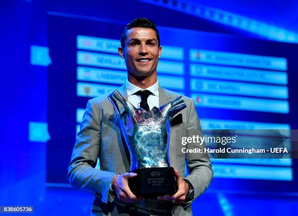 August 24: UEFA Player of the Year Award winner Christiano Ronaldo on stage with his award during the UEFA Champions League 2016/17 Group Stage Draw...