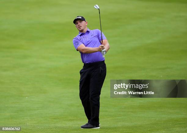 Matt Wallace of England pitches on the 18th hole during day one of Made in Denmark at Himmerland Golf & Spa Resort on August 24, 2017 in Aalborg,...