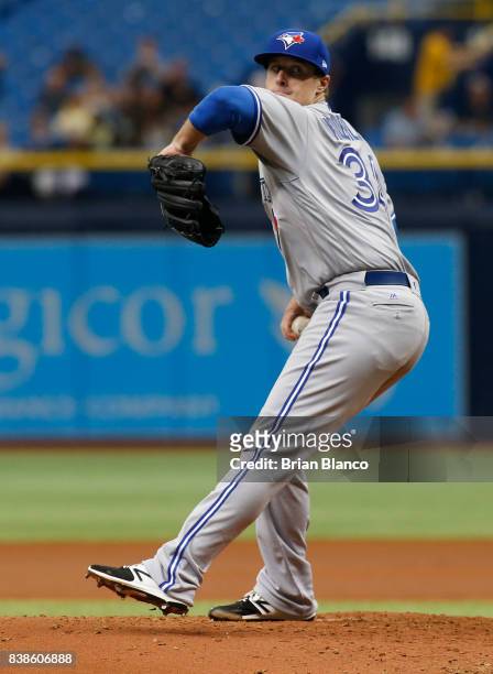 Pitcher Tom Koehler of the Toronto Blue Jays pitches during the first inning of a game against the Tampa Bay Rays on August 24, 2017 at Tropicana...