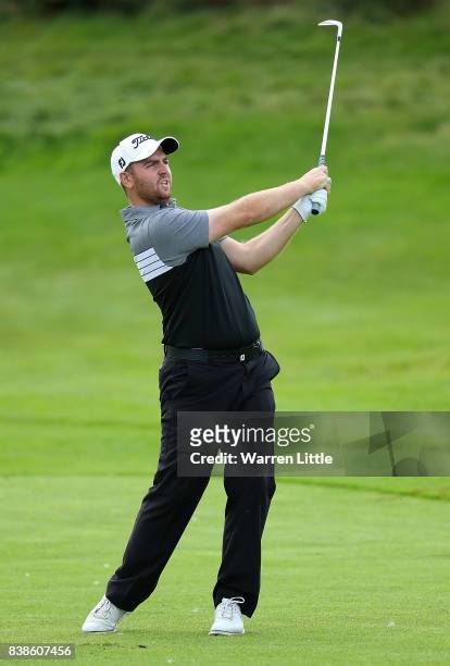 Max Orrin of England hits his third shot on the 18th hole during day one of Made in Denmark at Himmerland Golf & Spa Resort on August 24, 2017 in...