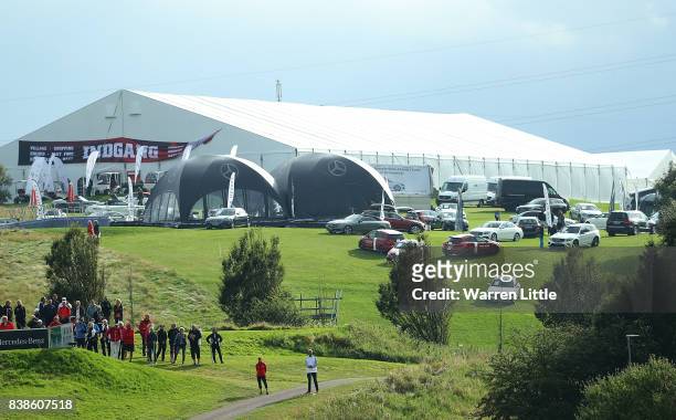 Mercedes Benz cars on display on the 17th hole during day one of Made in Denmark at Himmerland Golf & Spa Resort on August 24, 2017 in Aalborg,...