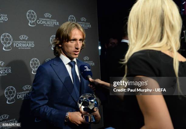 Champions League Midfielder of the Season Award winner Luka Modric is interviewed back stage following the UEFA Champions League 2016/17 Group Stage...