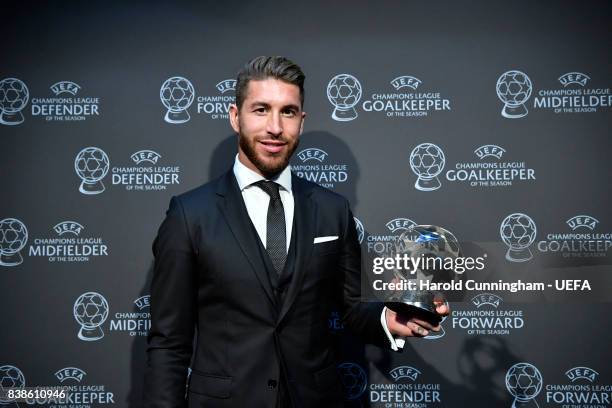 Champions League Defender of the Season Award winner Sergio Ramos with his award following the UEFA Champions League 2016/17 Group Stage Draw part of...