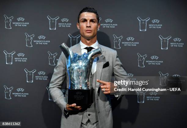 Champions League Forward of the Season Award nominee Cristiano Ronaldo with his award during the UEFA Champions League 2016/17 Group Stage Draw part...
