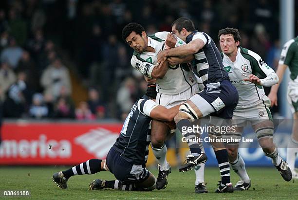Chris Hala 'Ufia of Irish is tackled by Dan Ward-Smith and Joe El Abd of Bristol during the Guinness Premiership match between Bristol and London...