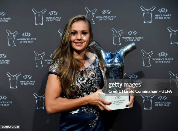 Women's Player of the Year Award winner Lieke Martens with her award following the UEFA Champions League 2016/17 Group Stage Draw part of the UEFA...