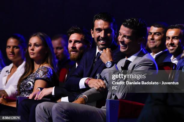 Lionel Messi , Gianluigi Buffon and Cristiano Ronaldo during the UEFA Champions League 2017/18 Draw on August 24, 2017 in Monaco, Monaco.