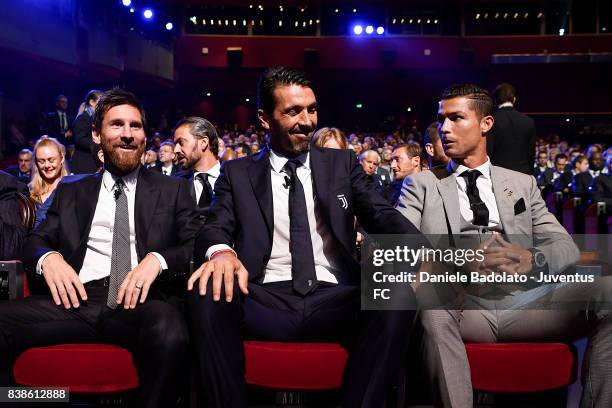 Lionel Messi, Gianluigi Buffon and Cristiano Ronaldo during the UEFA Champions League 2017/18 Draw on August 24, 2017 in Monaco, Monaco.