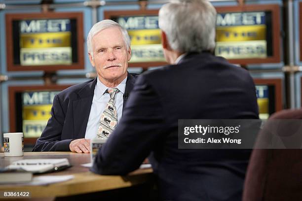 Media tycoon Ted Turner, author of the book "Call Me Ted" and the founder of CNN, listens to questions from host Tom Brokaw during a taping of "Meet...