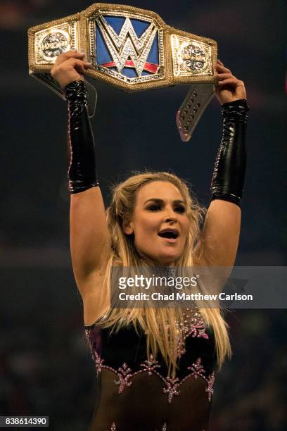 Professional Wrestling: WWE SummerSlam: Natalya victorious, holding up belt after match vs Naomi at Barclays Center. Brooklyn, NY 8/20/2017 CREDIT:...