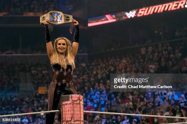 Professional Wrestling: WWE SummerSlam: Natalya victorious, holding up belt after match vs Naomi at Barclays Center. Brooklyn, NY 8/20/2017 CREDIT:...