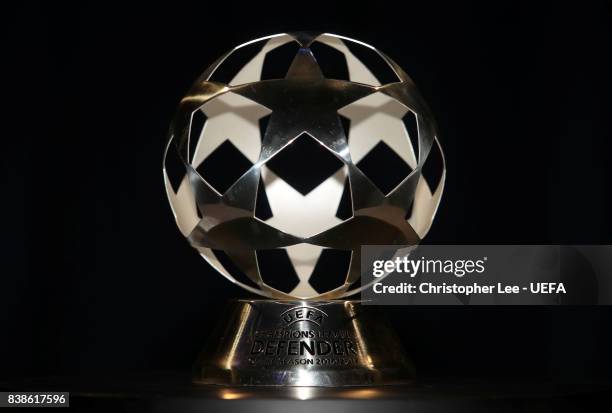 August 24: A view of the UEFA Champions League Defender of the Season 2016/17 Award during the UEFA ECF Season Kick Off 2017/18 on August 24, 2017 in...