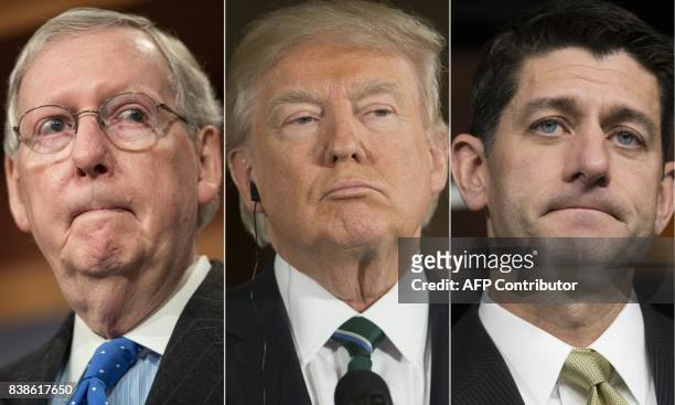 This combination of pictures created on August 24, 2017 shows US Senate Majority Leader Mitch McConnell on April 7 US President Donald Trump on March...