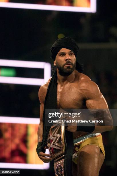 Professional Wrestling: WWE SummerSlam: Jinder Mahal holding belt after match at Barclays Center. Brooklyn, NY 8/20/2017 CREDIT: Chad Matthew Carlson