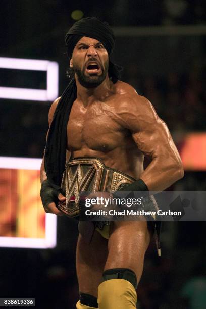 Professional Wrestling: WWE SummerSlam: Jinder Mahal holding belt after match at Barclays Center. Brooklyn, NY 8/20/2017 CREDIT: Chad Matthew Carlson