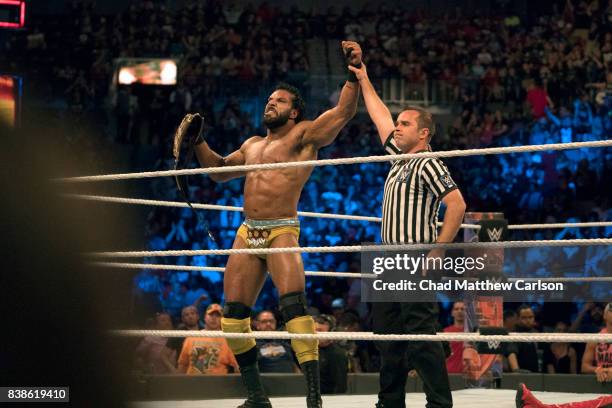 Professional Wrestling: WWE SummerSlam: Jinder Mahal victorious, holding belt after match at Barclays Center. Brooklyn, NY 8/20/2017 CREDIT: Chad...