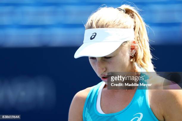 Daria Gavrilova of Australia looks on during her match against Kirsten Flipkens of Belgium on Day 7 of the Connecticut Open at Connecticut Tennis...