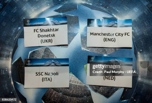 August 24: A view of the teams in Group F following the UEFA Champions League 2016/17 Group Stage Draw part of the UEFA ECF Season Kick Off 2017/18...