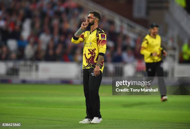 Peter Trego of Somerset silences the crowd after catching out Alex Hales of Nottinghamshire Outlaws during the NatWest T20 Blast Quarter Final match...