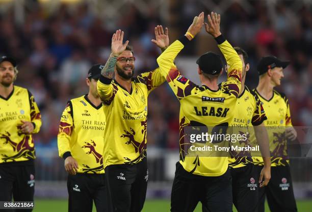 Peter Trego of Somerset celebrates catching out Alex Hales of Nottinghamshire Outlaws during the NatWest T20 Blast Quarter Final match between...