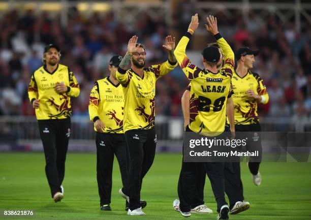 Peter Trego of Somerset celebrates catching out Alex Hales of Nottinghamshire Outlaws during the NatWest T20 Blast Quarter Final match between...