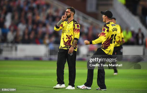 Peter Trego of Somerset silences the crowd after catching out Alex Hales of Nottinghamshire Outlaws during the NatWest T20 Blast Quarter Final match...
