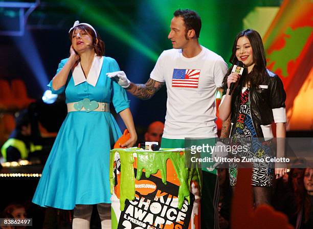Debora Villa, Francesco Facchinetti and Miranda Cosgrove attend the Nickelodeon Kids' Choice Awards 2008 held at Palalido on November 30, 2008 in...