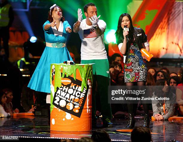 Debora Villa, Francesco Facchinetti and Miranda Cosgrove attend the Nickelodeon Kids' Choice Awards 2008 held at Palalido on November 30, 2008 in...