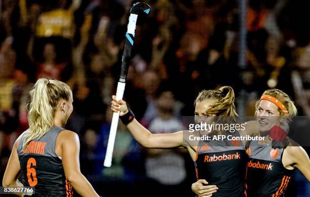 Marloes Keetels of The Netherlands reacts after scoring during the women's EuroHockey Championships match between the Netherlands and England in...