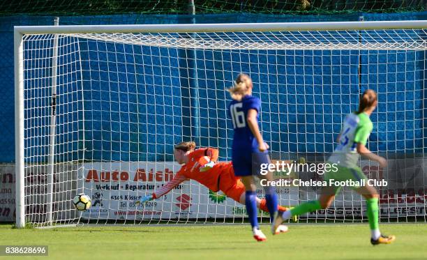 Caroline Graham Hansen of Wolfsburg puts it past Hedvig Lindhal of Chelsea to make it 1-0 during a Pre Season Friendly between Chelsea Ladies and...