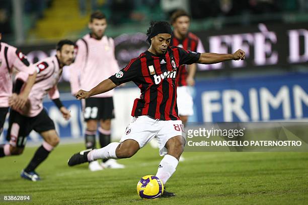 Milan's Ronaldinho of Brazil kicks to score a penalty during their Italian Serie A football match Palermo versus AC Milan on November 30 at Barbera...
