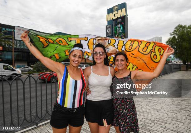 Nevada , United States - 24 August 2017; Conor McGregor supporters, from left, Lynn O'Hara, Stacey Kelly and Nicola Farrelly from Coolock, Dublin, in...