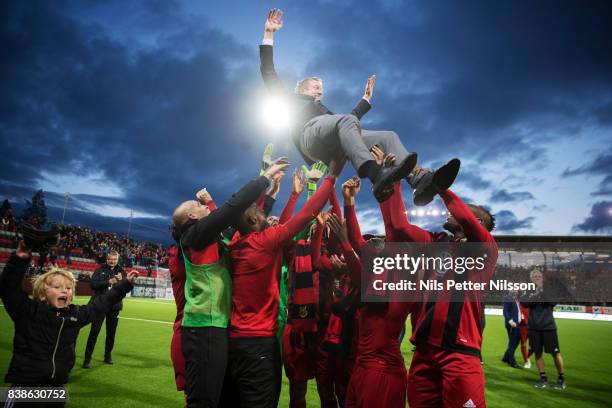 Graham Potter, head coach of Oestersunds FK celebrates after the victory during the UEFA Europa League Qualifying Play-Offs round second leg match...