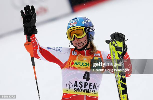 Tanja Poutiainen of Finland acknowledges the crowd after she finished third in the Slalom at the 2008 Aspen Winternational Audi Women's FIS Alpine...