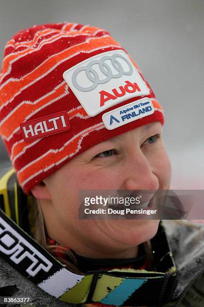 Tanja Poutiainen of Finland awaits the podium after she finished third in the Slalom at the 2008 Aspen Winternational Audi Women's FIS Alpine World...
