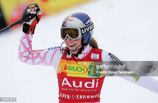 Lindsey Vonn of the USA celebrates as she crosses the finish line to finish fourth in the Slalom at the 2008 Aspen Winternational Audi Women's FIS...