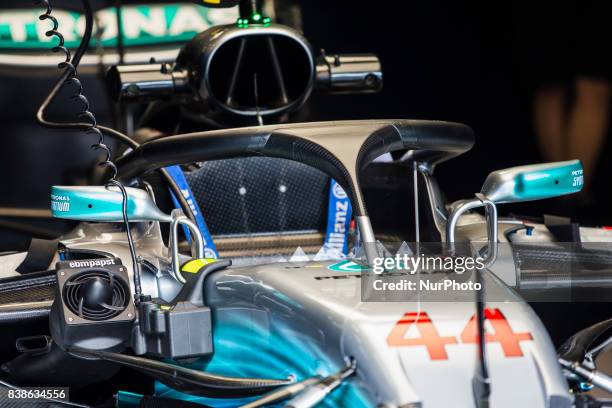 Lewis from Great Britain of team Mercedes GP with the Halo during the Formula One Belgian Grand Prix at Circuit de Spa-Francorchamps on August 24,...